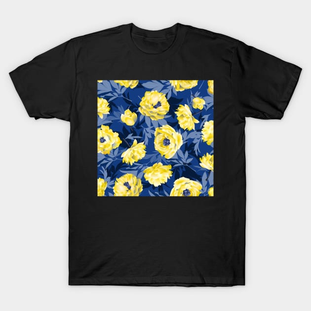 Yellow peonies - blue leaves T-Shirt by kobyakov